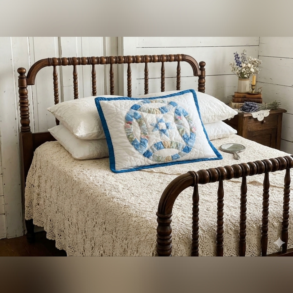 Double Wedding Ring Quilt Pillow Sham Blue Floral Patchwork Cottagecore Queen